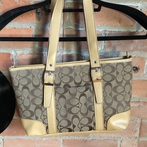 Tan Coach Zippered Shoulder Tote Bag